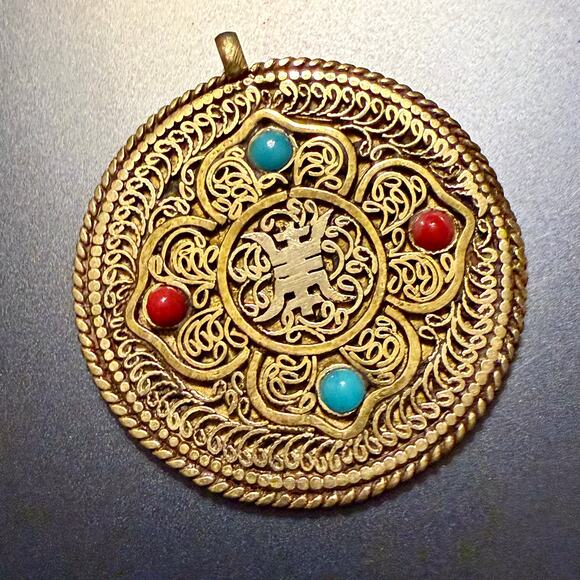 Tibetan Double-Sided Amulet & Turquoise Coral Inlays Pendant - Picture 3 of 5